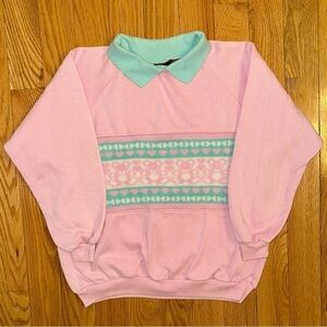 Vintage Gitano Collared Sweatshirt Teddy Bear Hearts Nordic Print M pink 80s